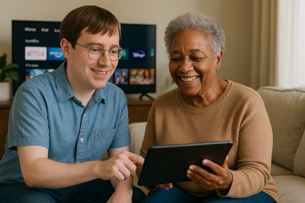 technician helping a senior set up streaming on a tabletd