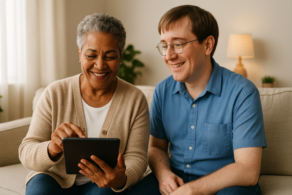 technician helping a senior with a tablet at home