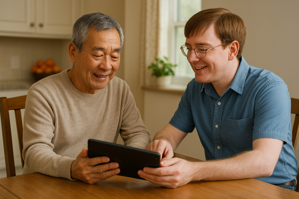 technician helping a senior set up a new tablet at home