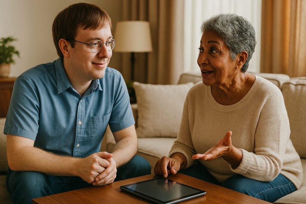 technician answering a senior's questions about tech help at home