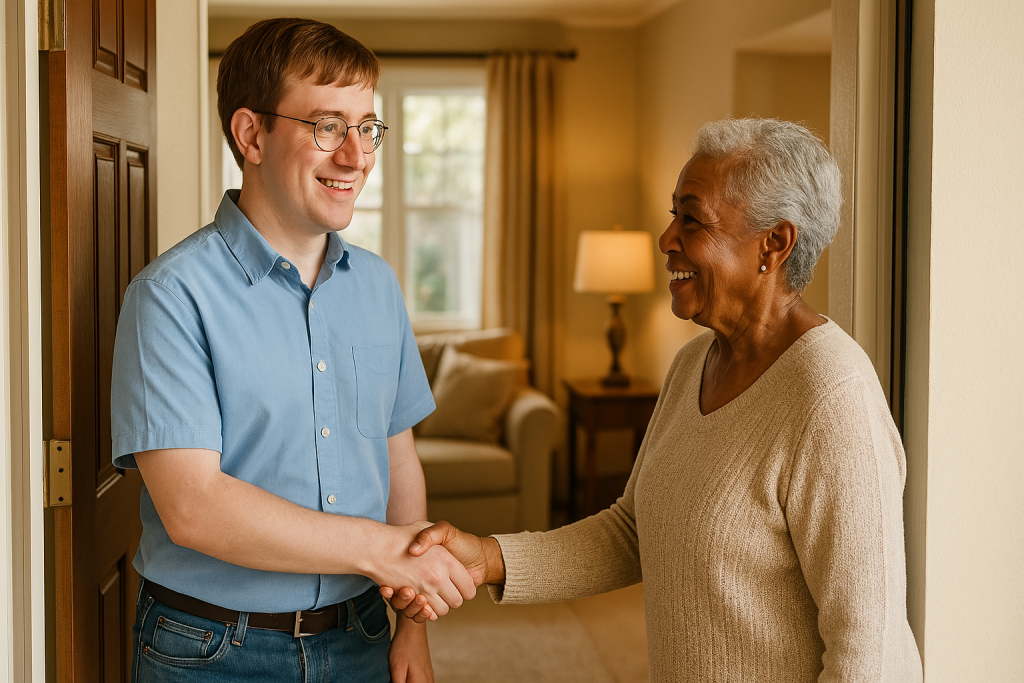 friendly technician arriving to help a senior with her devices at home