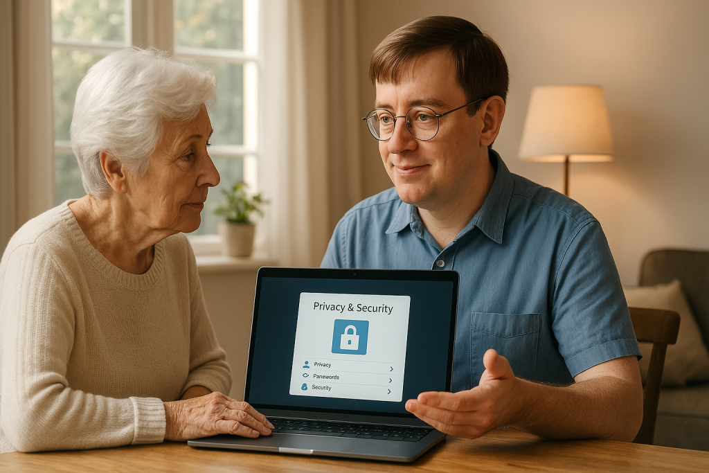 technician explaining to a senior how to stay safe online