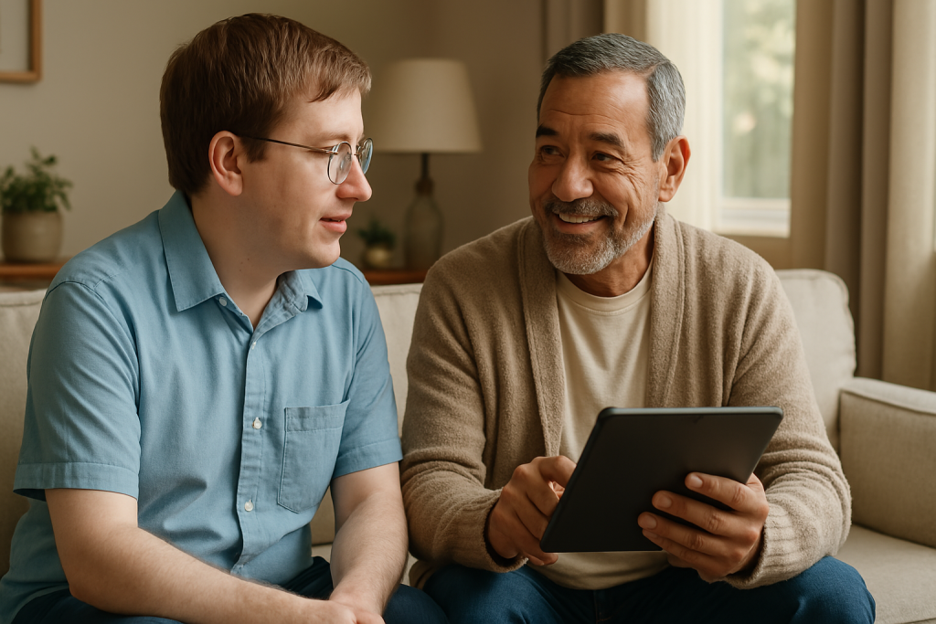 technician helping a senior learn to use a tablet