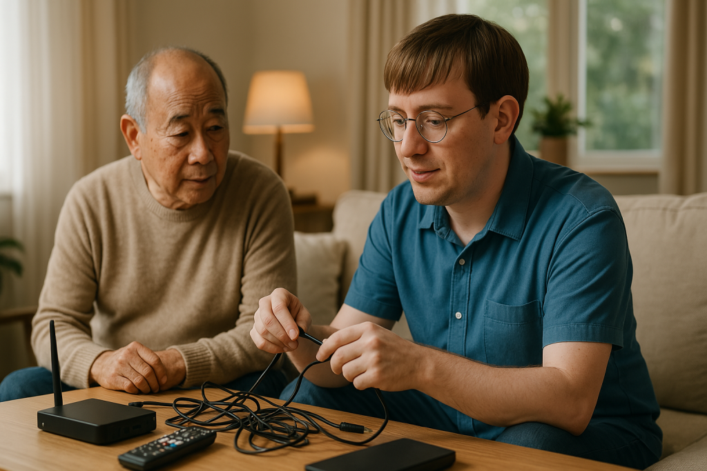 technician helping a senior fix tech issues at home